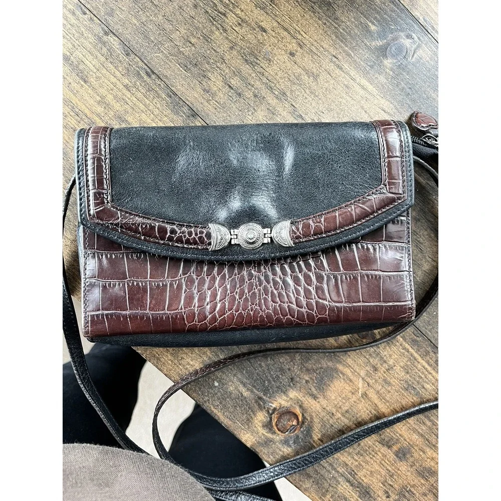 Brighton Vintage Crossbody Organizer Leather/Croc Embossed Clutch Brown Small